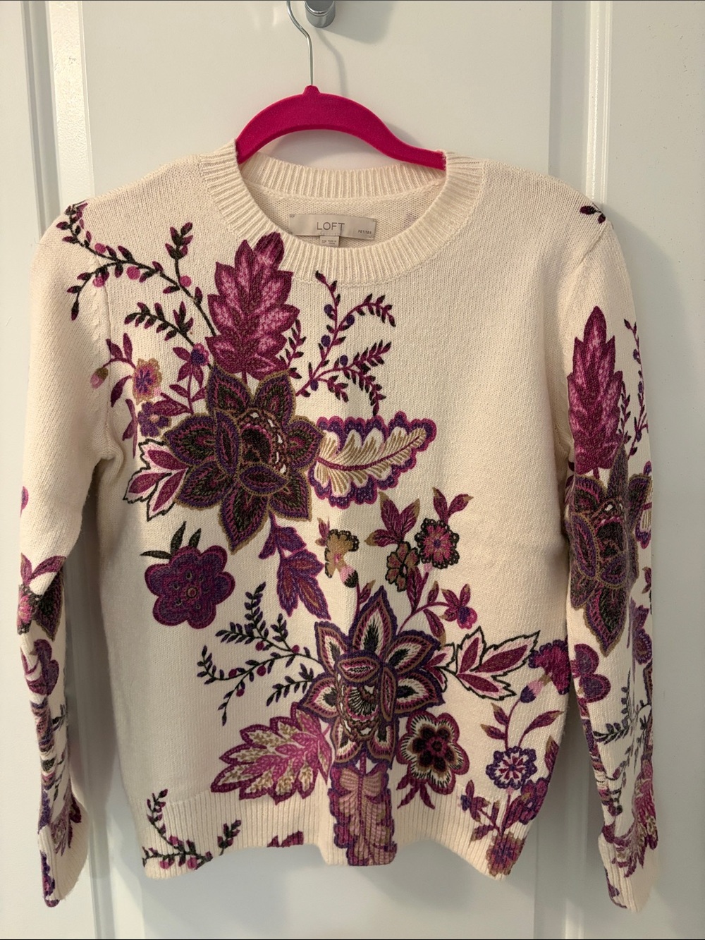 LOFT Cream Crewneck Sweater with Purple Floral Embroidery